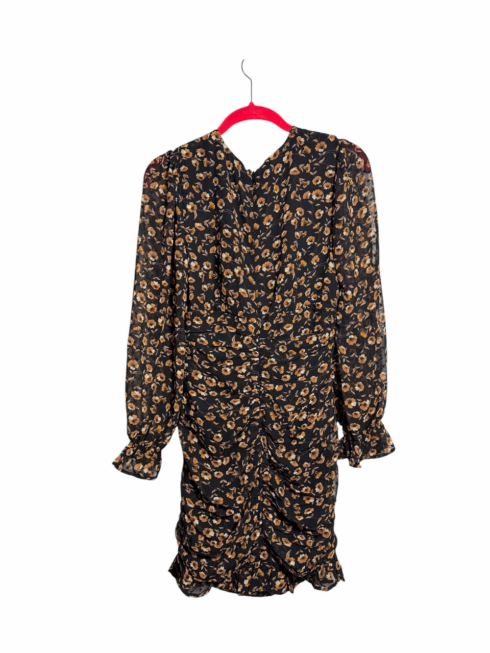 Storia Black Floral Ruched Mini Dress Long Sleeve Sheer Cottagecore Size S - Picture 3 of 5